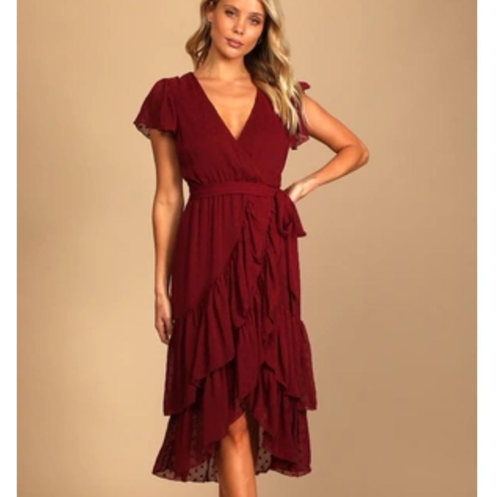 LuLus Burgundy Dot Ruffles Faux Wrap MIDI Dress